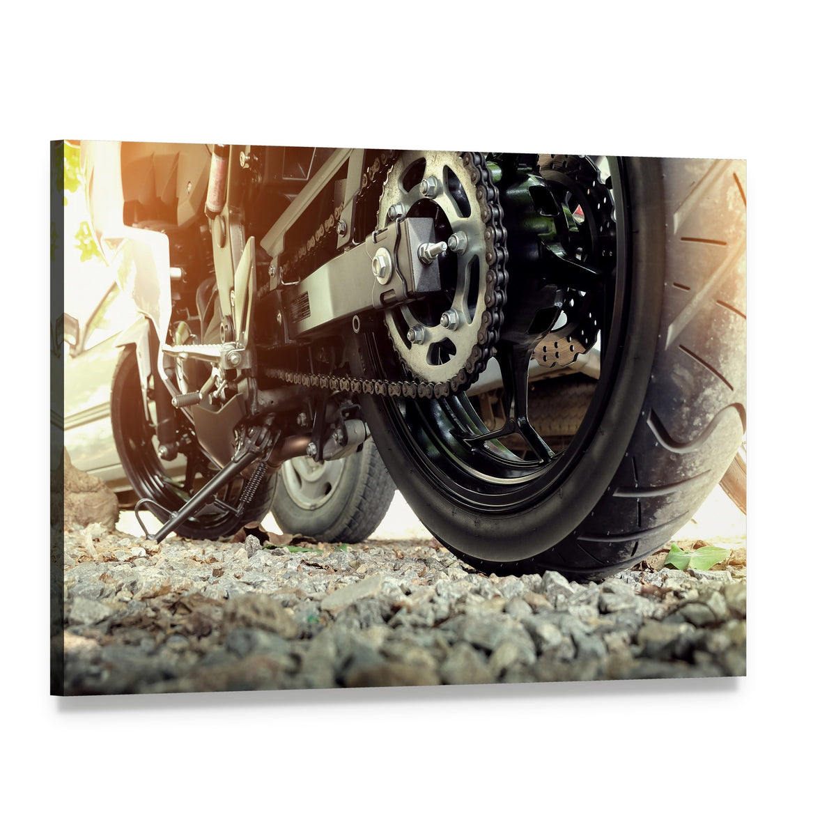 Motorcycle Rear Chain and Sprocket Canvas Wall Art, single panel gallery wrapped canvas, angled product view