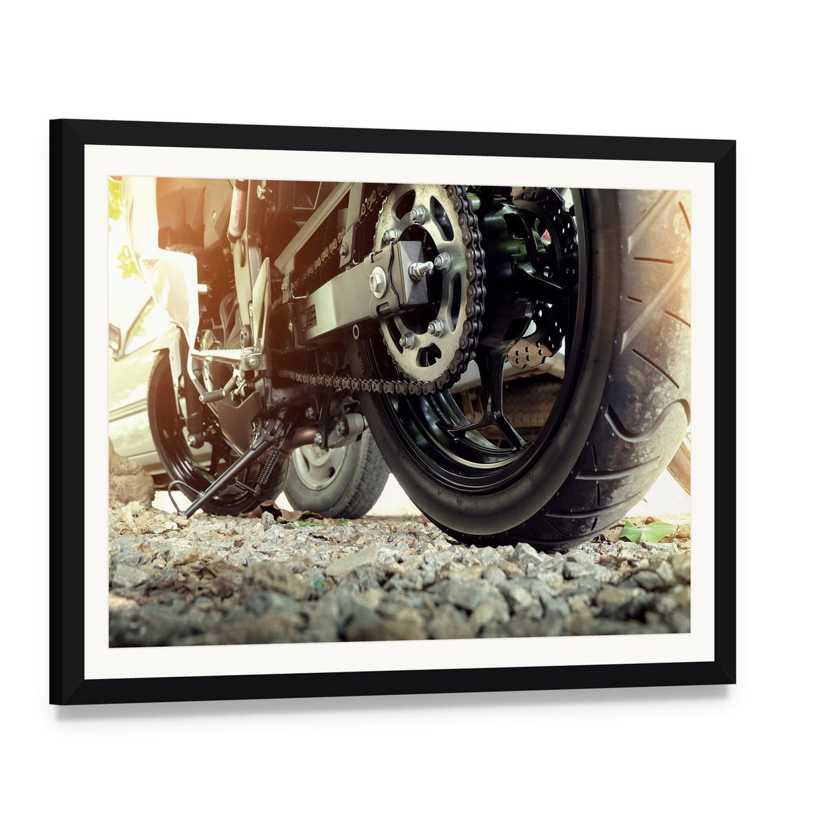 Motorcycle Rear Chain and Sprocket Canvas Wall Art, framed print with white mat and black frame, angled product view