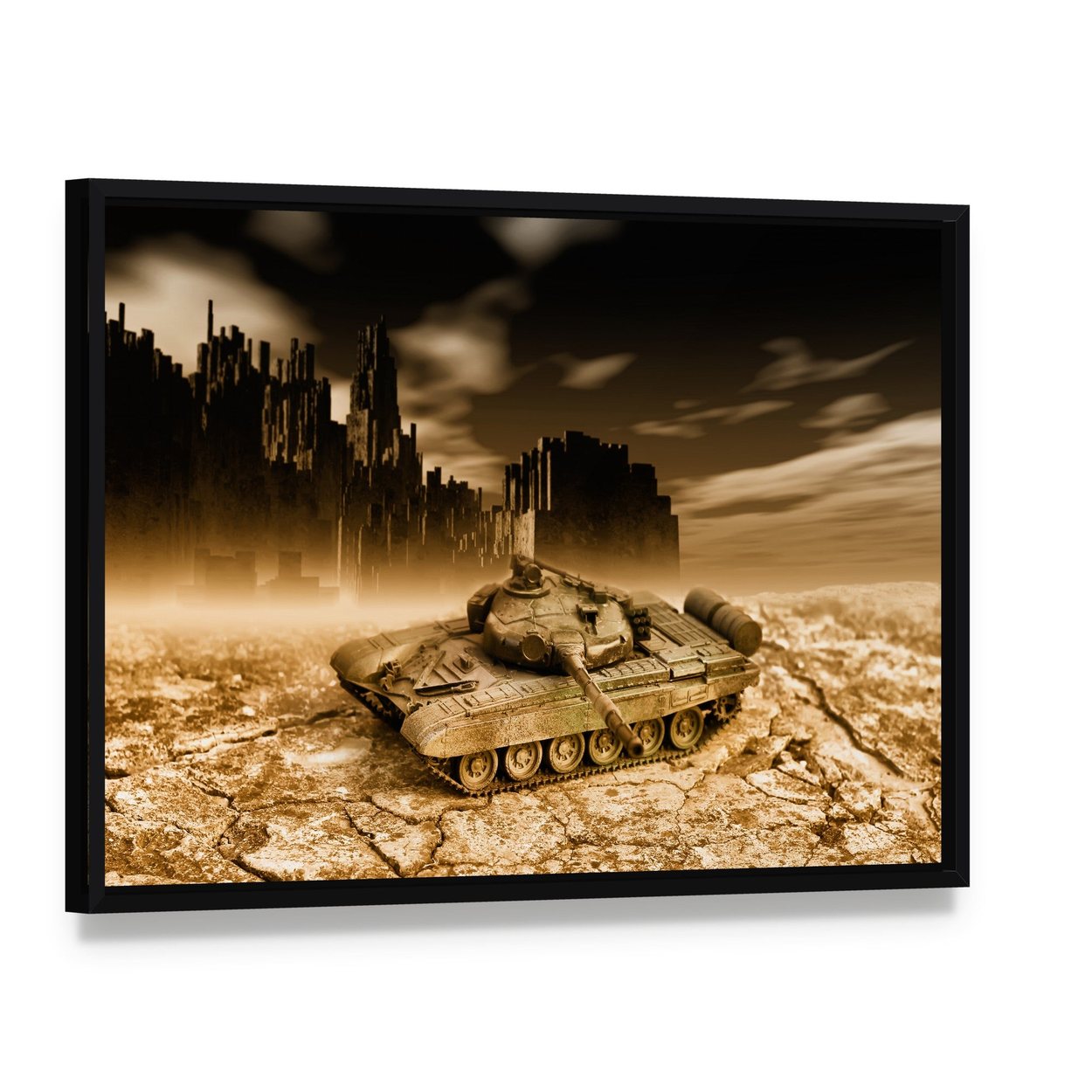 Tank in War Canvas Wall Art, framed canvas in a black floater frame, angled product view