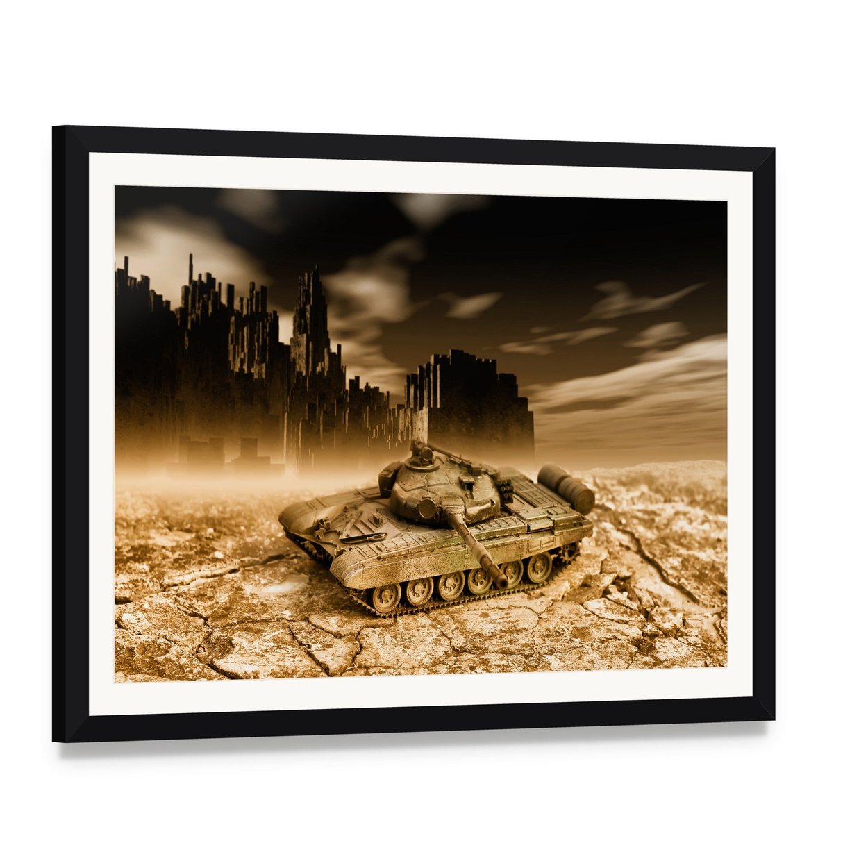 Tank in War Canvas Wall Art, framed print with white mat and black frame, angled product view