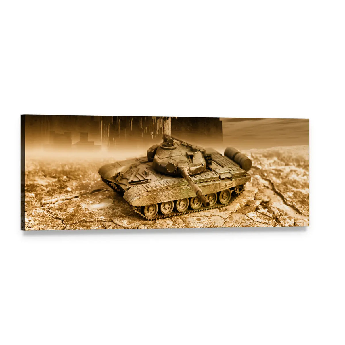 Soviet-era Battle Tank on Cracked Earth Panoramic Canvas Wall Art, single panel gallery wrapped canvas, angled product view