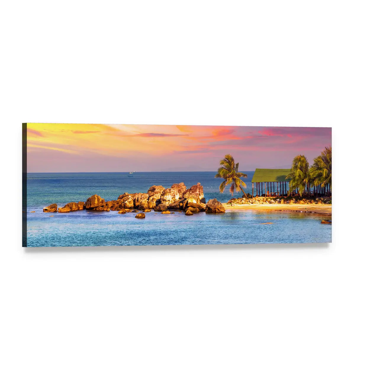 Tropical Beach at Sunset with Palm Trees Panoramic Canvas Wall Art, single panel gallery wrapped canvas, angled product view