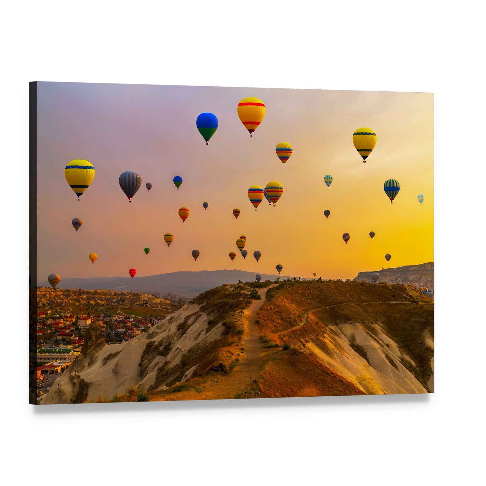 Hot Air Balloons Over a Vast Valley Canvas Wall Art, single panel gallery wrapped canvas, angled product view