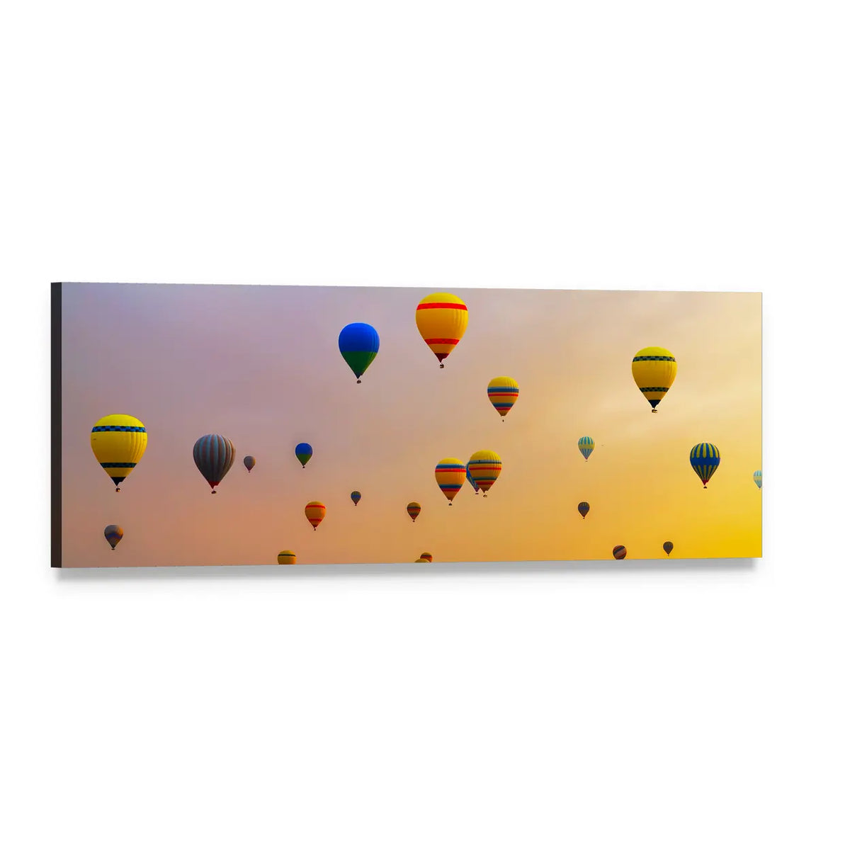 Hot Air Balloons Over Gradient Sky Panoramic Canvas Wall Art, single panel gallery wrapped canvas, angled product view