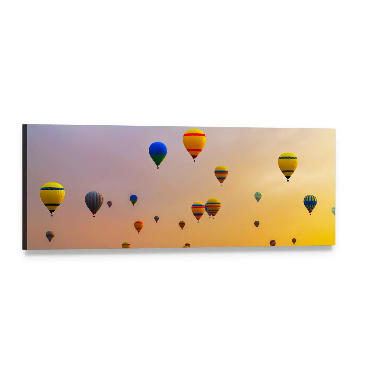 Hot Air Balloons Over Gradient Sky Panoramic Canvas Wall Art, single panel gallery wrapped canvas, angled product view