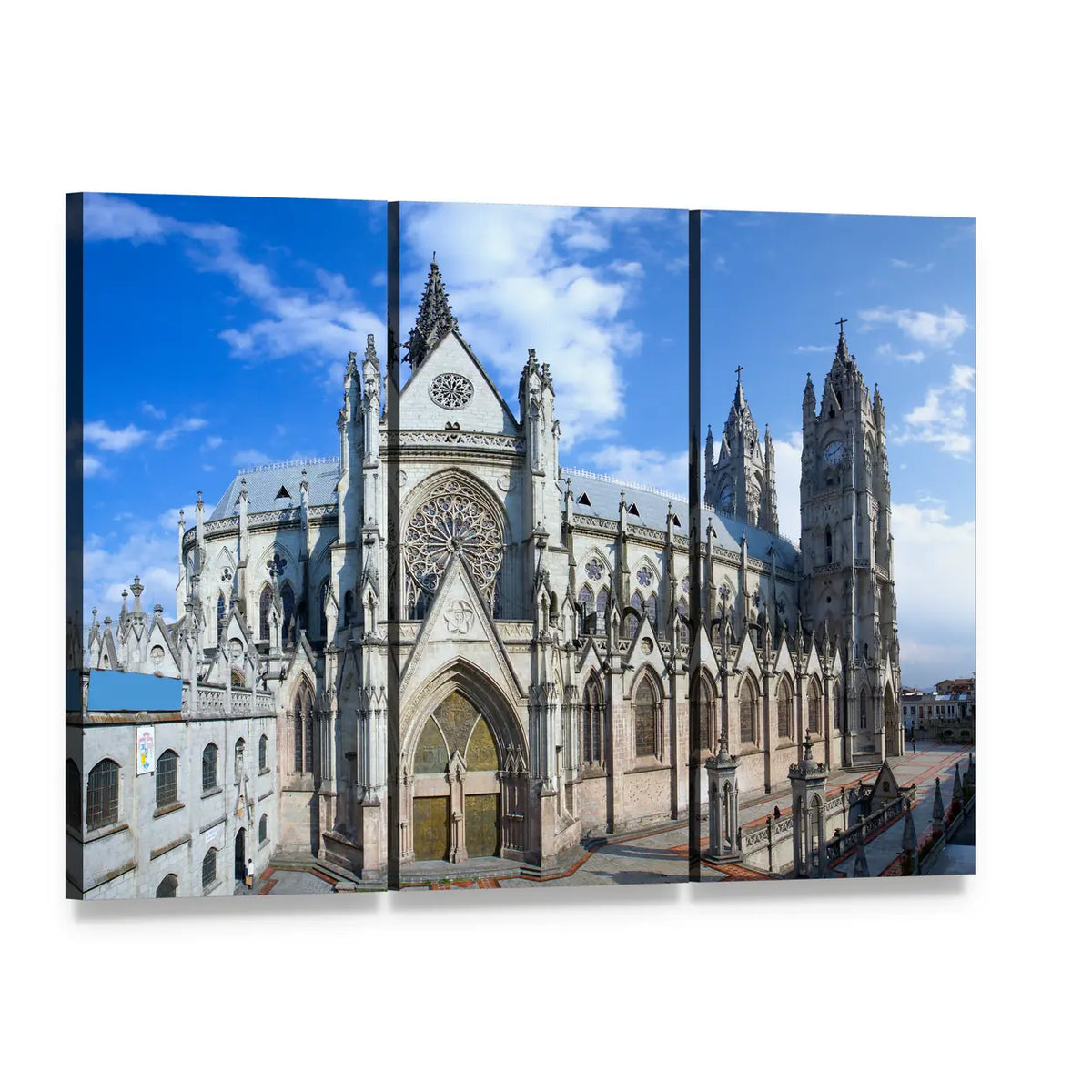Gothic Cathedral Facade with Rose Window Canvas Wall Art, 3 panel 3 Horizontal layout gallery wrapped canvas set, angled product view