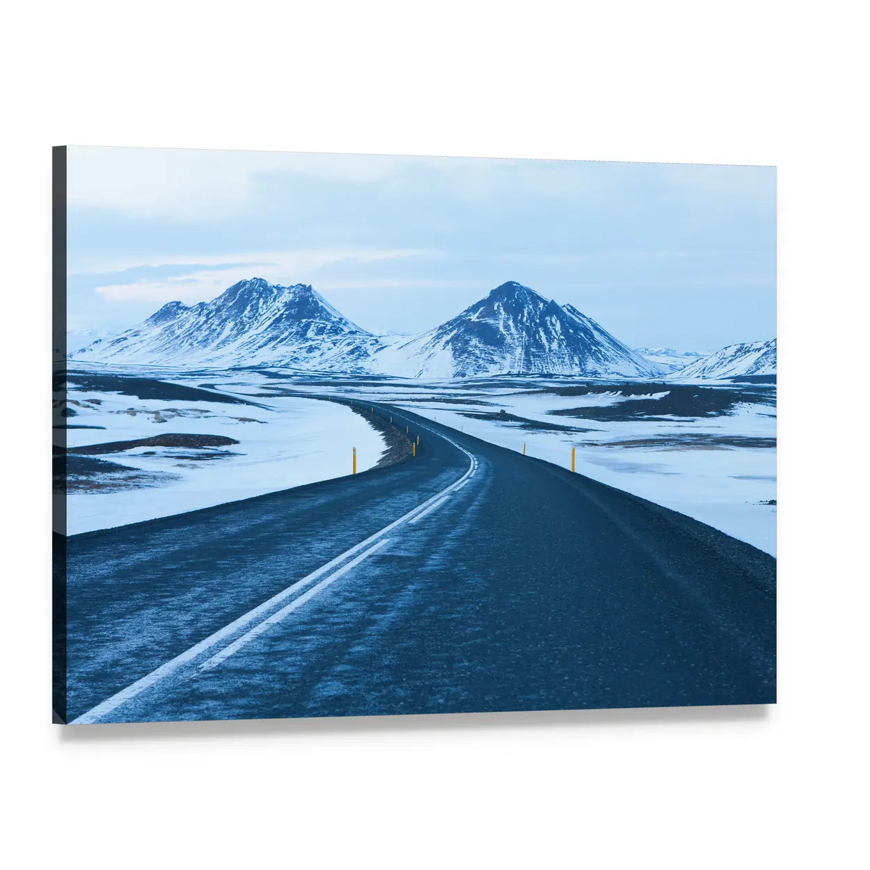 Winter Road Through Snow-capped Mountains Canvas Wall Art, single panel gallery wrapped canvas, angled product view