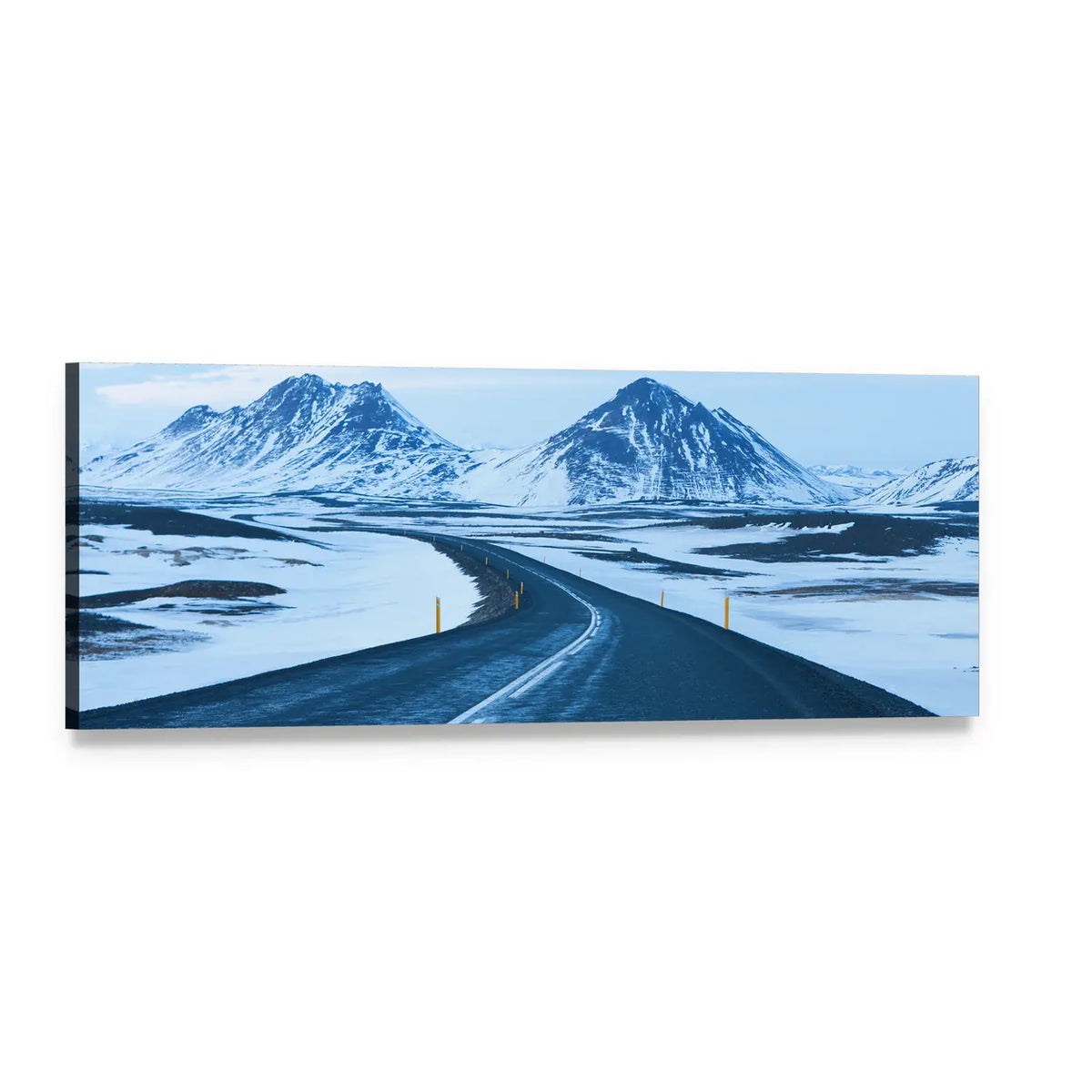 Winding Road Through Snow-capped Mountains Panoramic Canvas Wall Art, single panel gallery wrapped canvas, angled product view