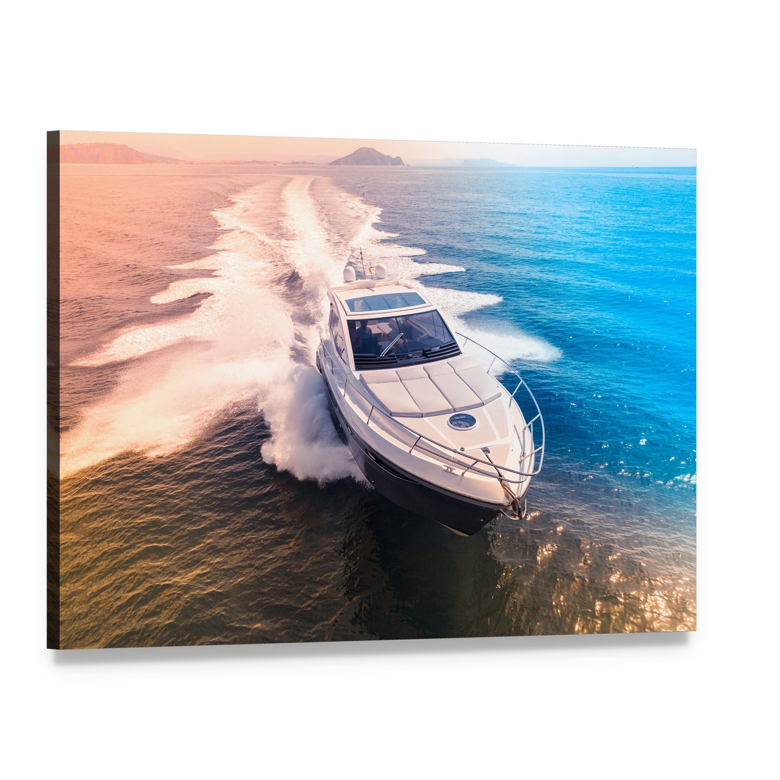 Yacht in Blue Water Canvas Wall Art, single panel gallery wrapped canvas, angled product view