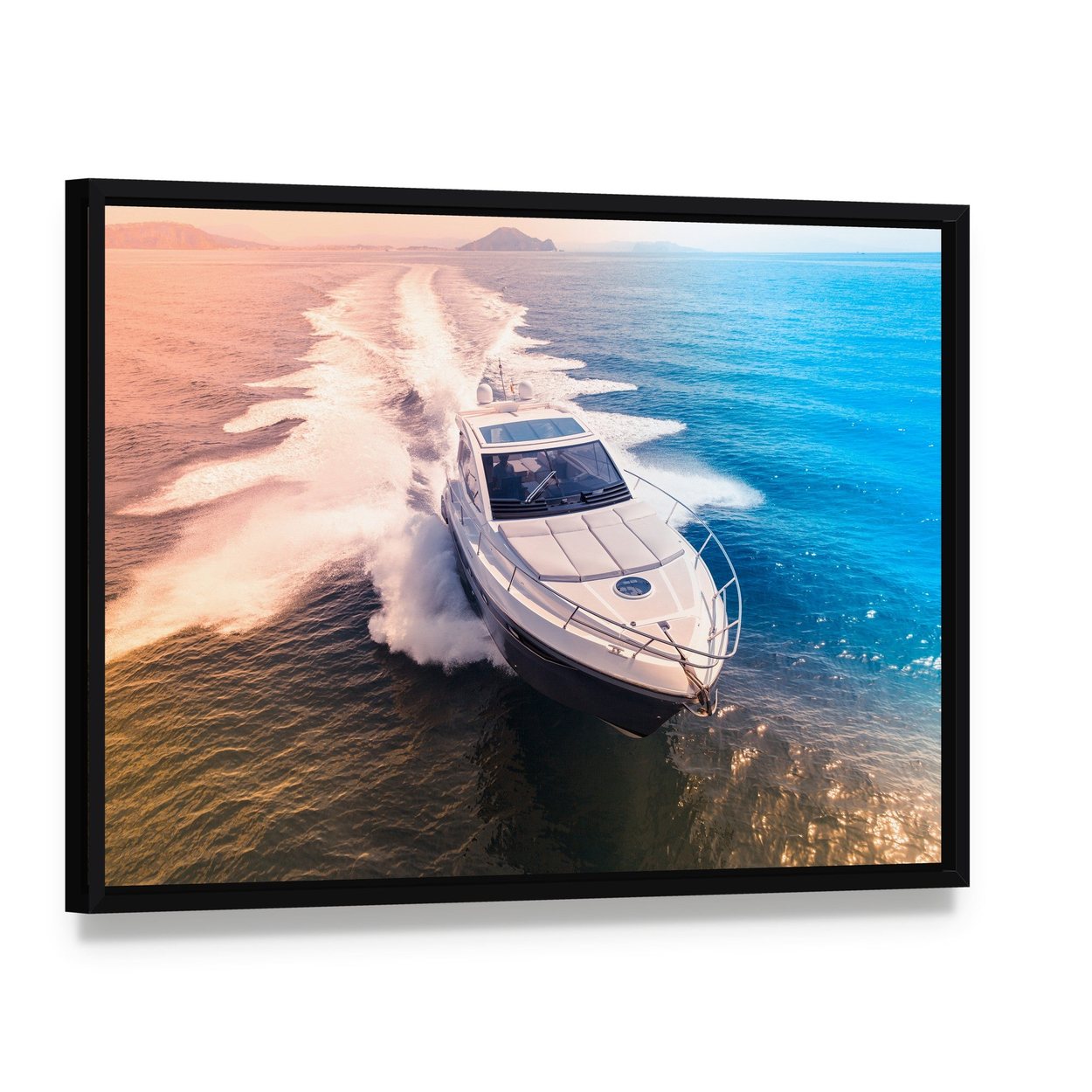 Yacht in Blue Water Canvas Wall Art, framed canvas in a black floater frame, angled product view