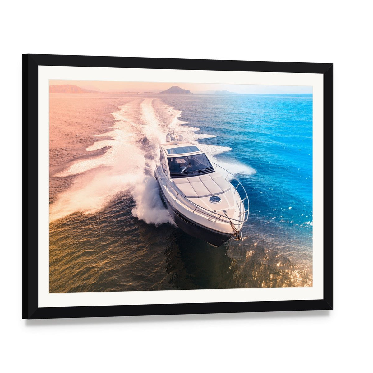 Yacht in Blue Water Canvas Wall Art, framed print with white mat and black frame, angled product view