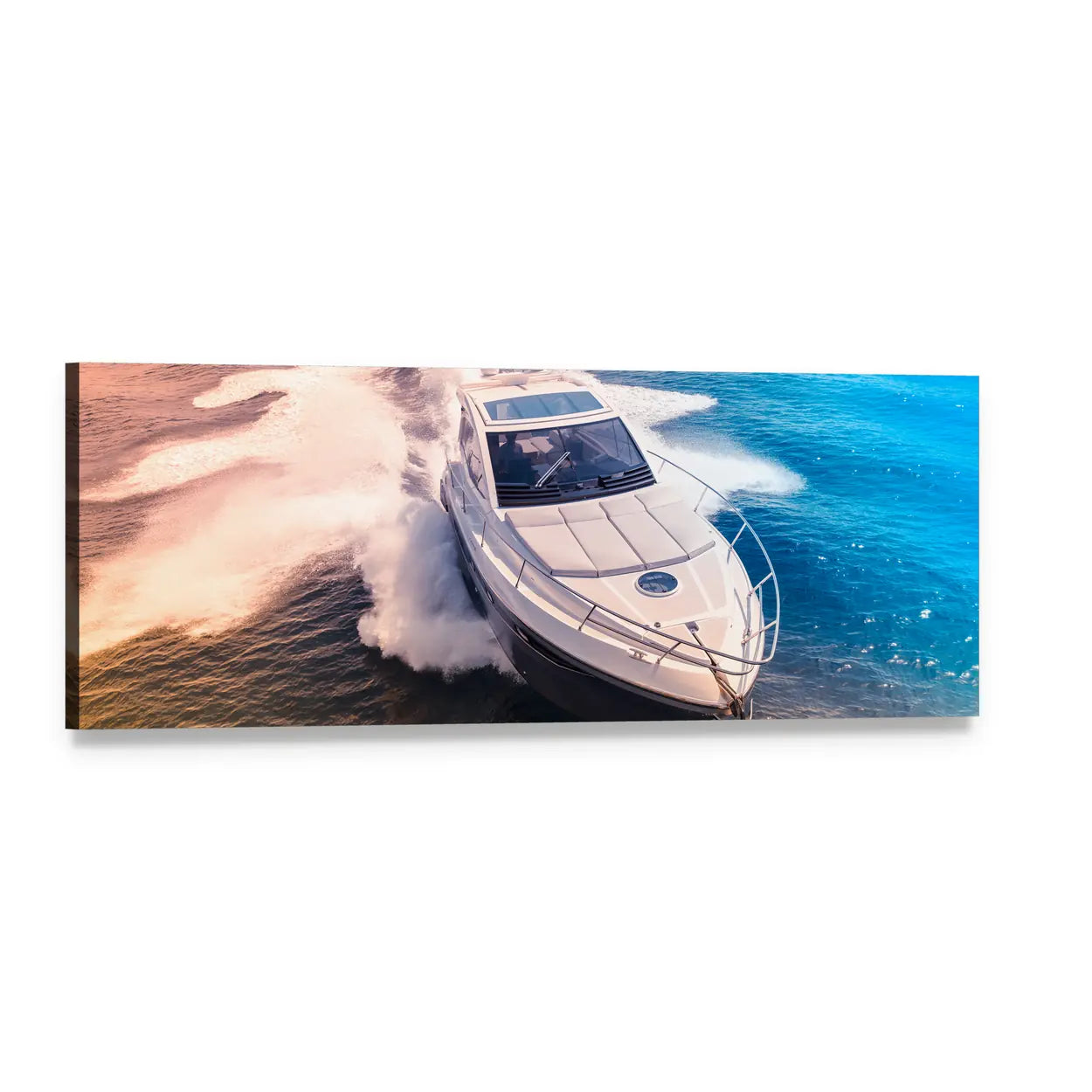 White Motor Yacht in Deep Blue Water Panoramic Canvas Wall Art, single panel gallery wrapped canvas, angled product view