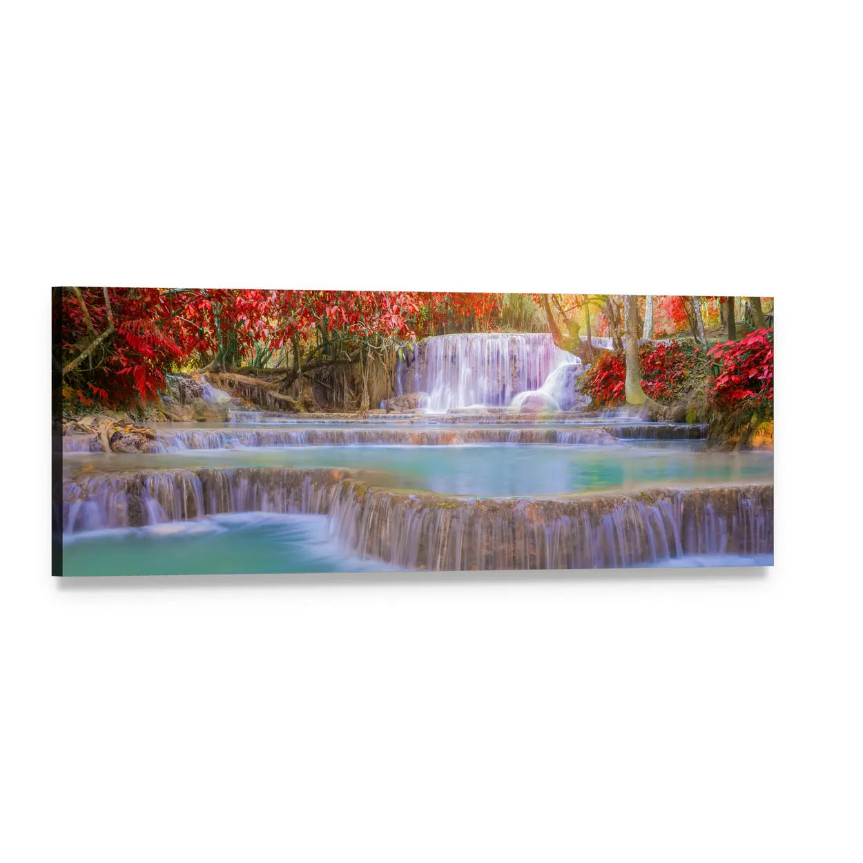 Rainforest Waterfall with Turquoise Pools Panoramic Canvas Wall Art, single panel gallery wrapped canvas, angled product view