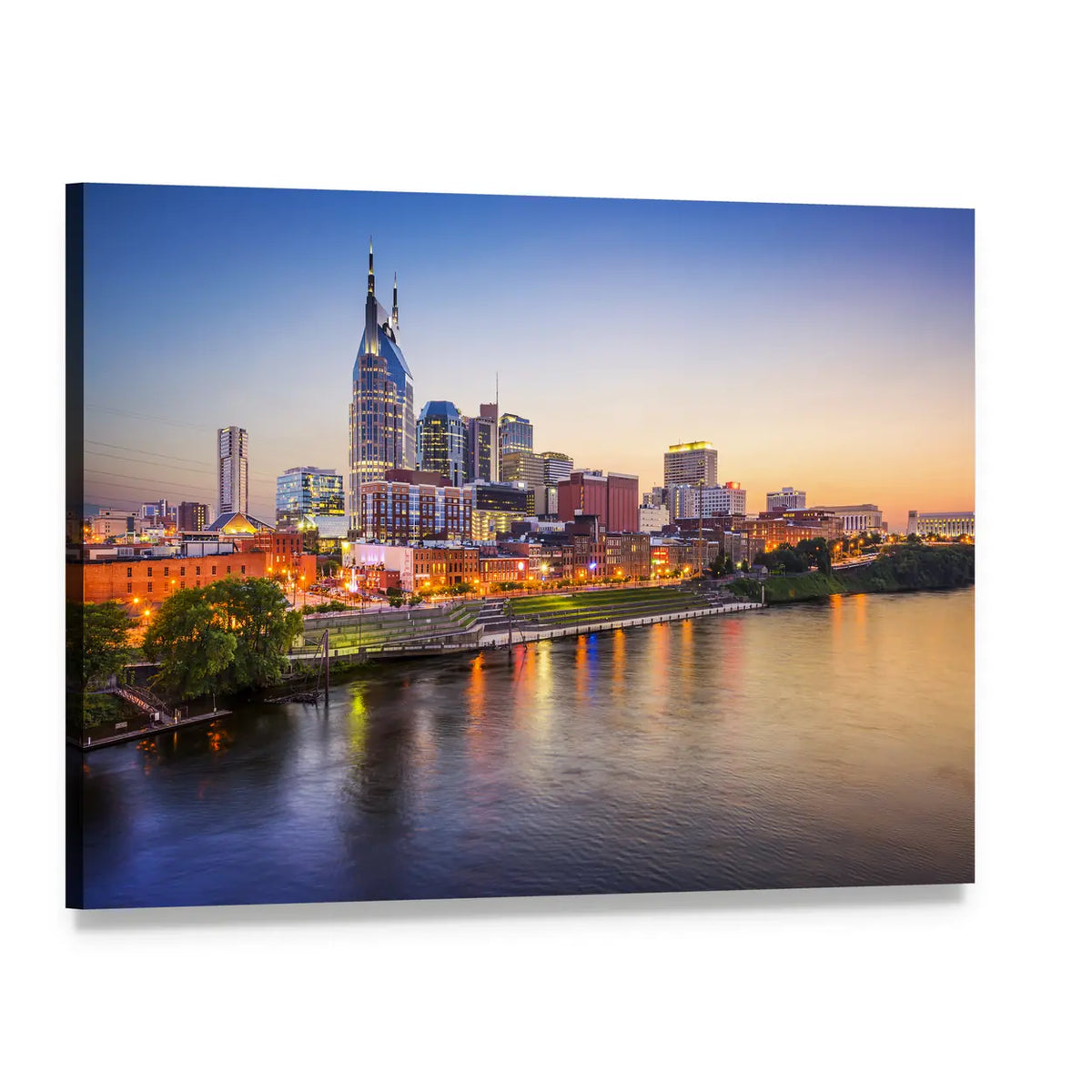 Nashville Skyline on the Cumberland River Canvas Wall Art, single panel gallery wrapped canvas, angled product view