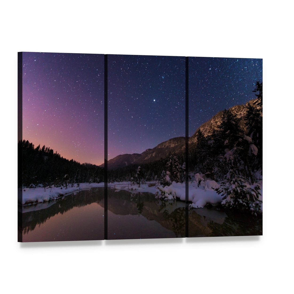 Lake Riedenersee at Night Canvas Wall Art, 3 panel 3 Horizontal layout gallery wrapped canvas set, angled product view