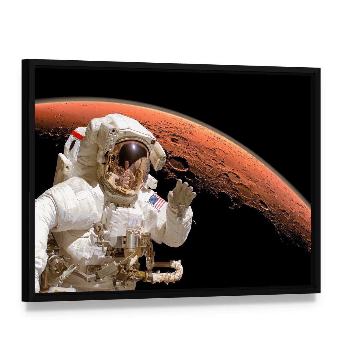 Astronaut Above Mars Canvas Wall Art, framed canvas in a black floater frame, angled product view