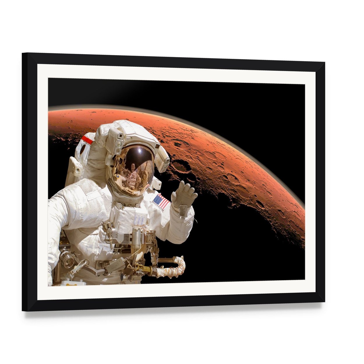 Astronaut Above Mars Canvas Wall Art, framed print with white mat and black frame, angled product view