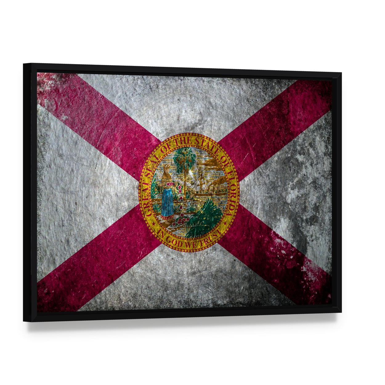 Florida State Flag with Distressed Texture Canvas Wall Art, framed canvas in a black floater frame, angled product view
