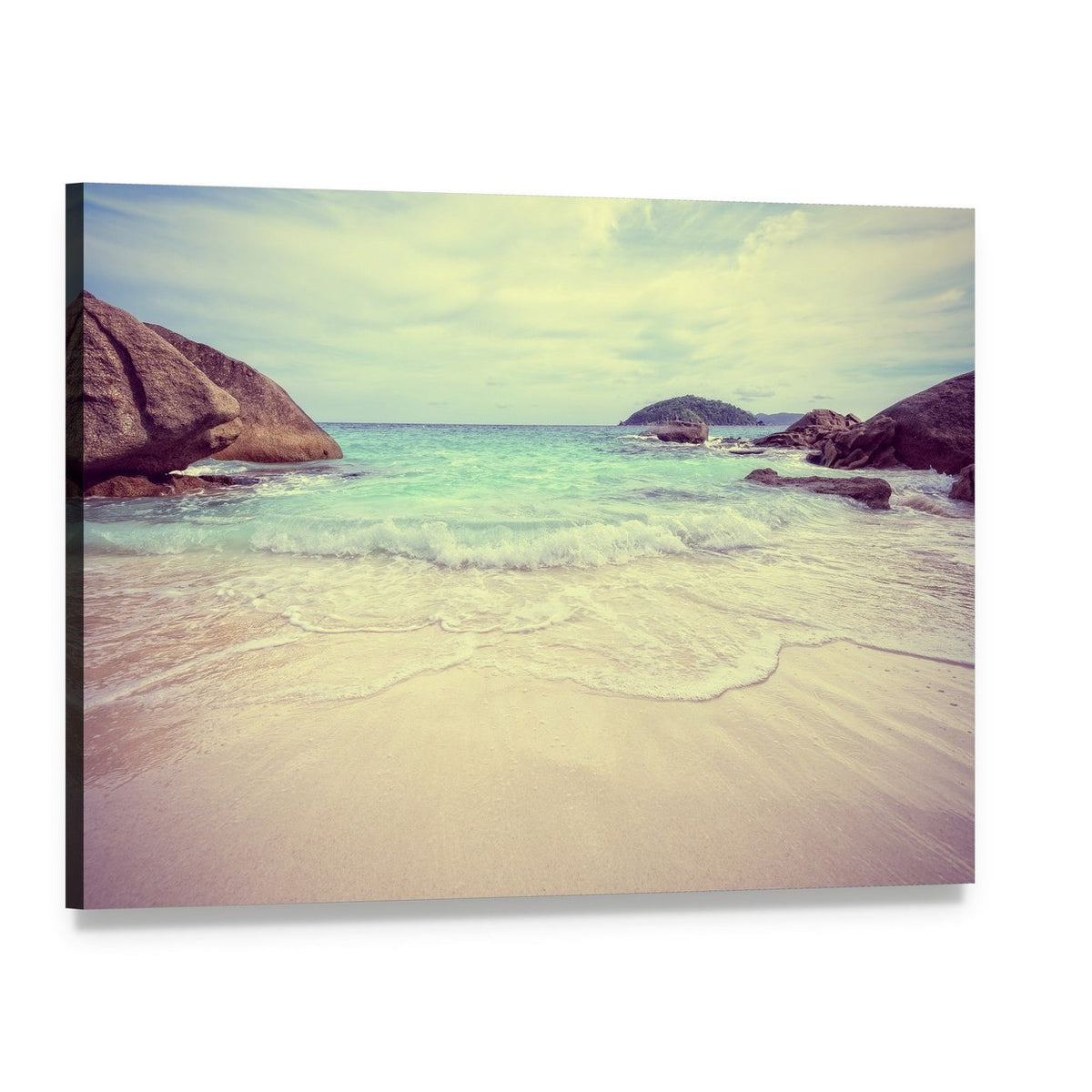 Vintage Blue Sea Canvas Wall Art, single panel gallery wrapped canvas, angled product view