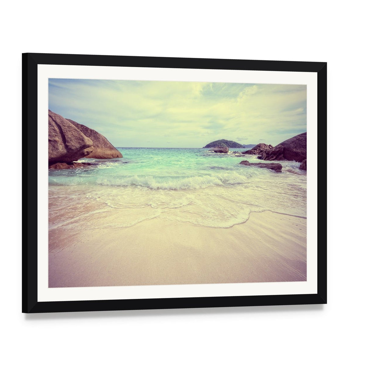 Vintage Blue Sea Canvas Wall Art, framed print with white mat and black frame, angled product view