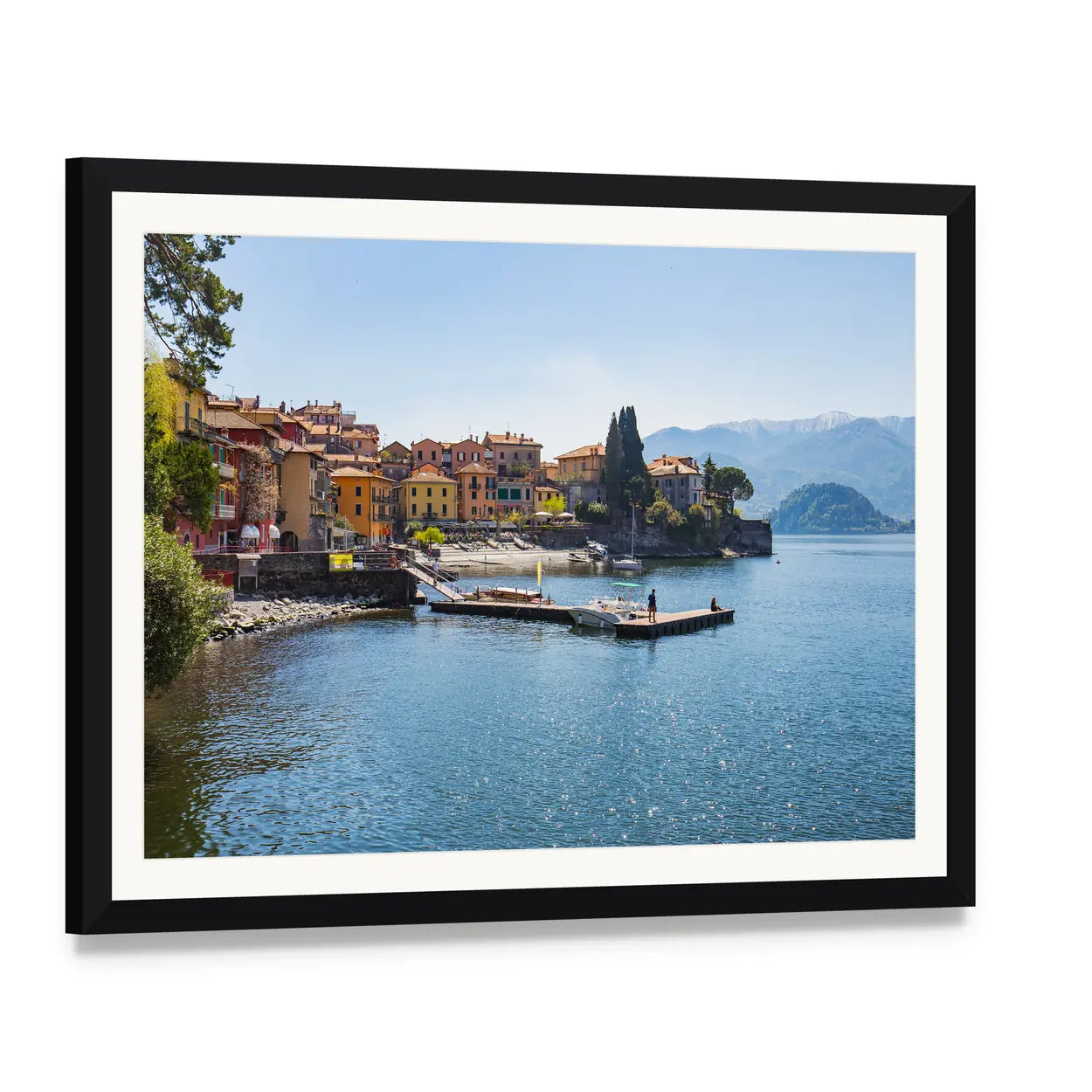 Varenna on Lake Como, Italy Canvas Wall Art, framed print with white mat and black frame, angled product view