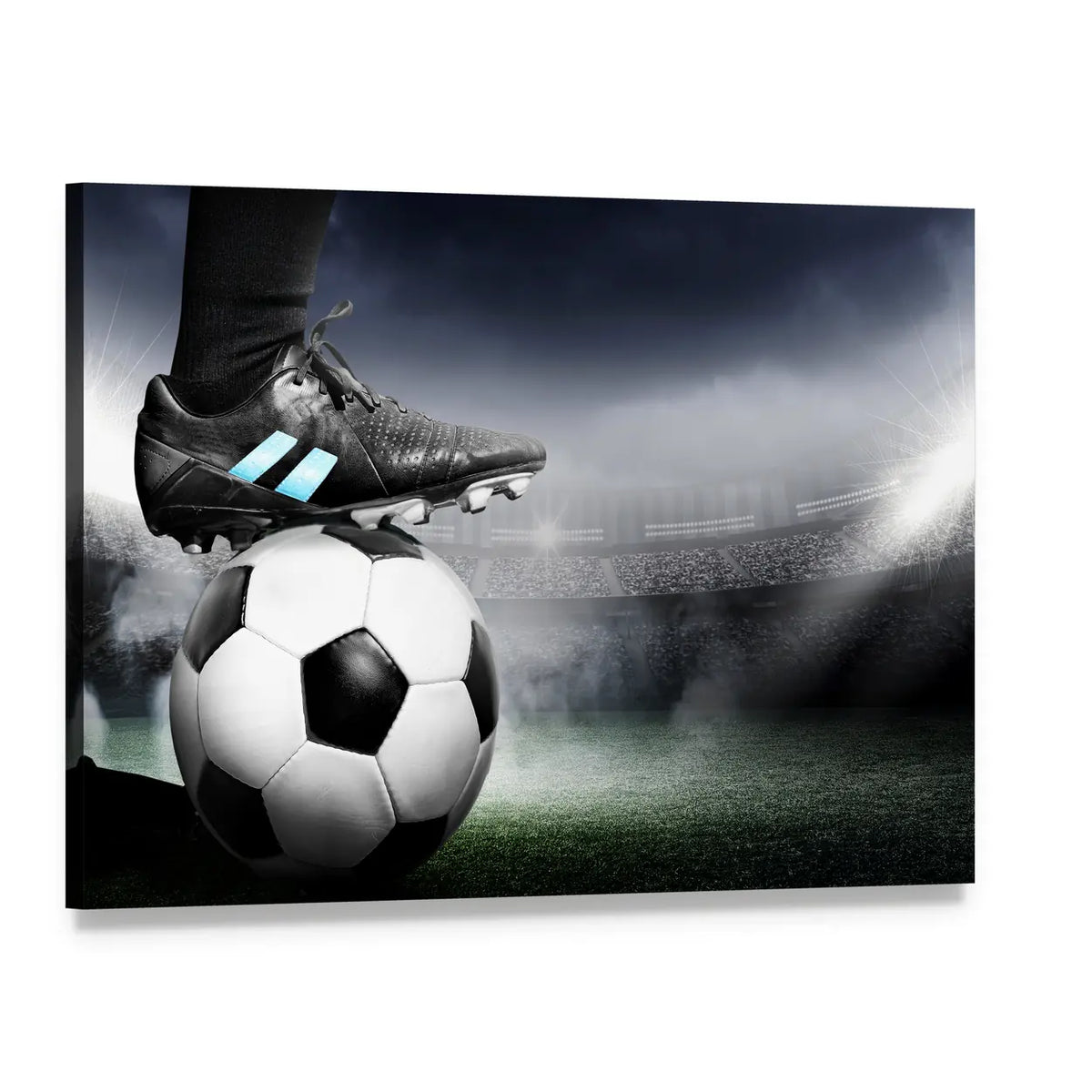 Soccer Cleats and Ball Close-up Canvas Wall Art, single panel gallery wrapped canvas, angled product view