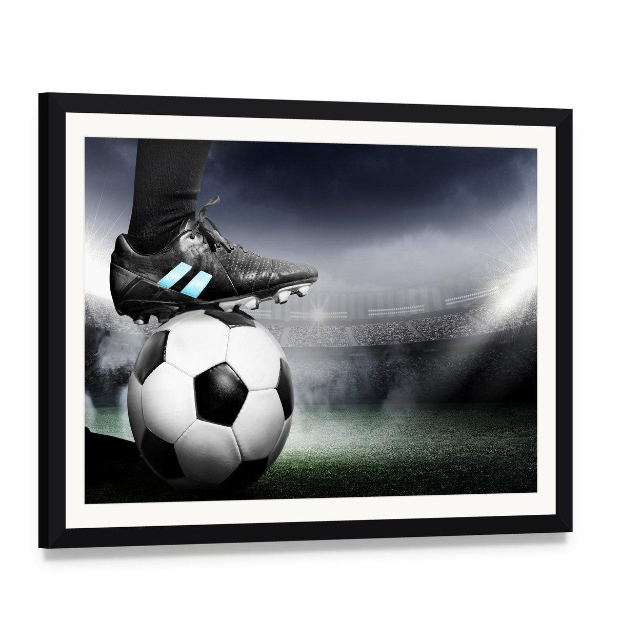Soccer Player with Soccer Ball Canvas Wall Art, framed print with white mat and black frame, angled product view