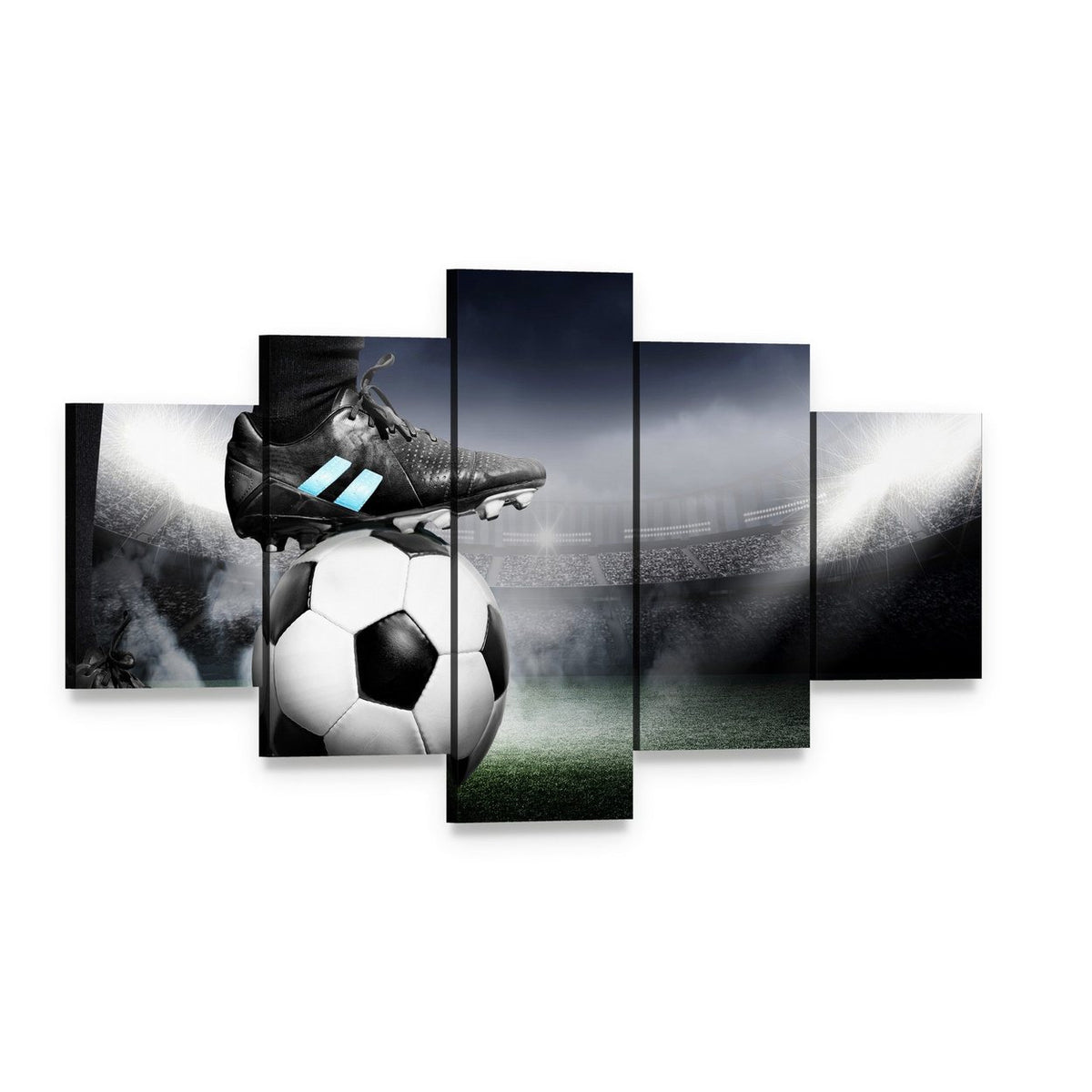 Soccer Player with Soccer Ball Canvas Wall Art, 5 panel 5 Star layout gallery wrapped canvas set, angled product view