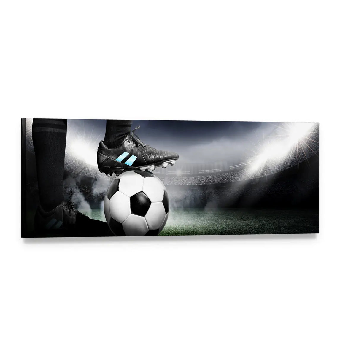 Soccer Cleat and Ball Under Stadium Lights Panoramic Canvas Wall Art, single panel gallery wrapped canvas, angled product view