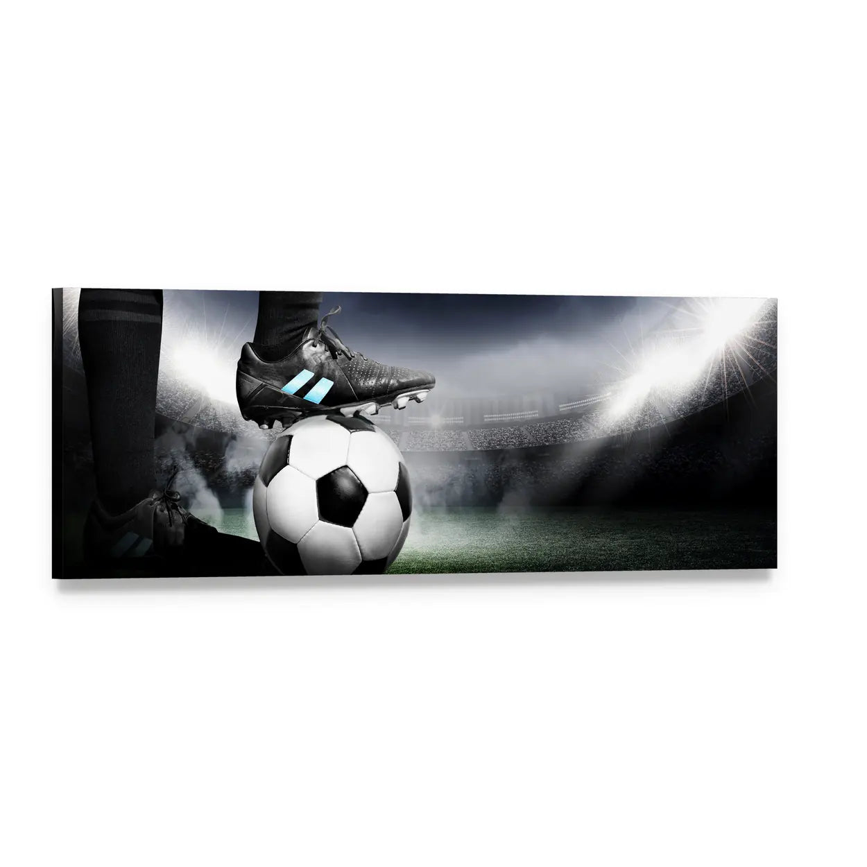 Soccer Cleat and Ball Under Stadium Lights Panoramic Canvas Wall Art, single panel gallery wrapped canvas, angled product view