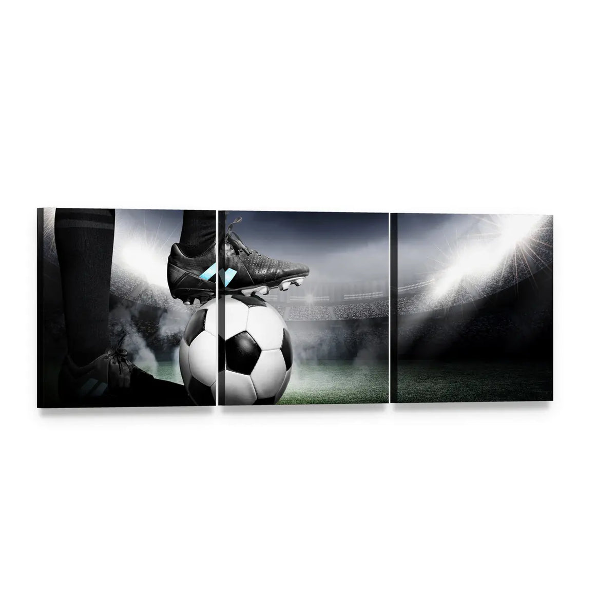 Soccer Cleat and Ball Under Stadium Lights Panoramic Canvas Wall Art, 3 panel 3 Piece layout gallery wrapped canvas set, angled product view