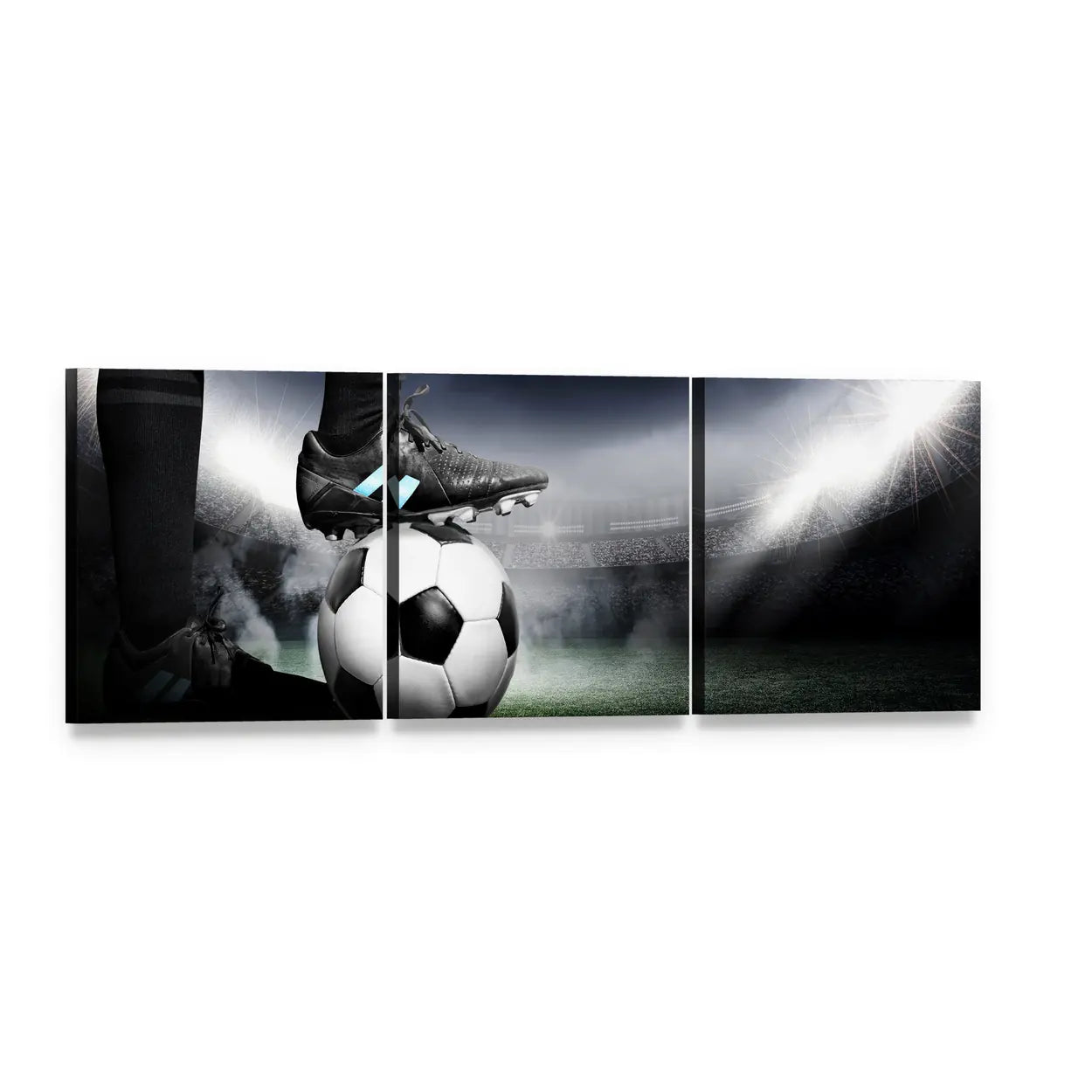 Soccer Cleat and Ball Under Stadium Lights Panoramic Canvas Wall Art, 3 panel 3 Piece layout gallery wrapped canvas set, angled product view