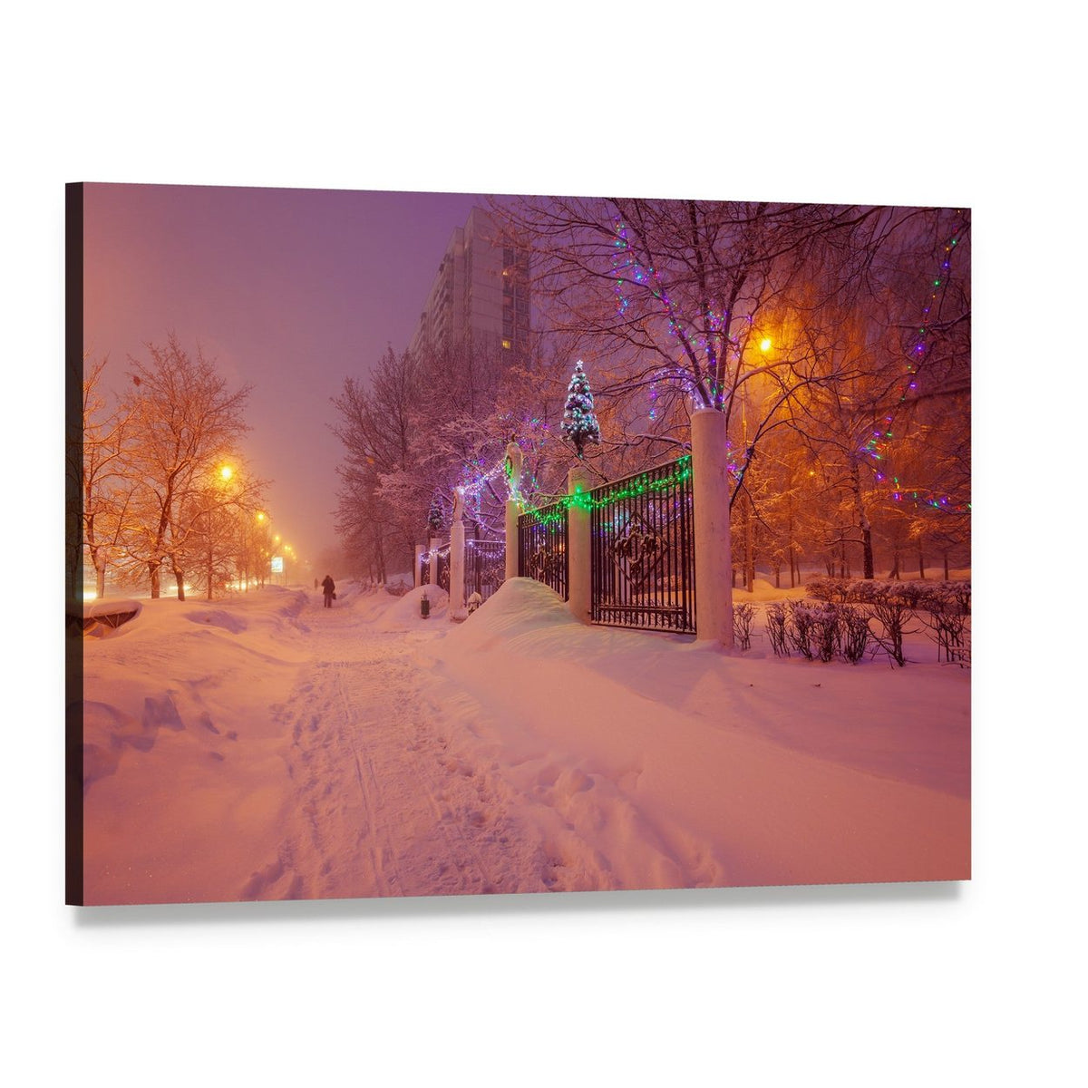 Snowy Night Path with Christmas Lights Canvas Wall Art, single panel gallery wrapped canvas, angled product view