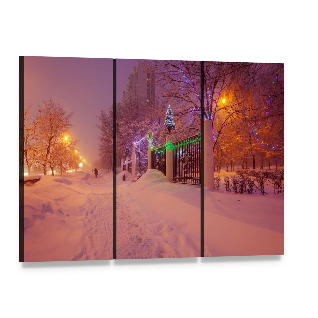 Snowy Night Path with Christmas Lights Canvas Wall Art, 3 panel 3 Horizontal layout gallery wrapped canvas set, angled product view