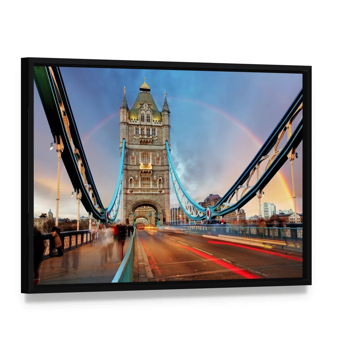 London Tower Bridge at Dusk Canvas Wall Art, framed canvas in a black floater frame, angled product view