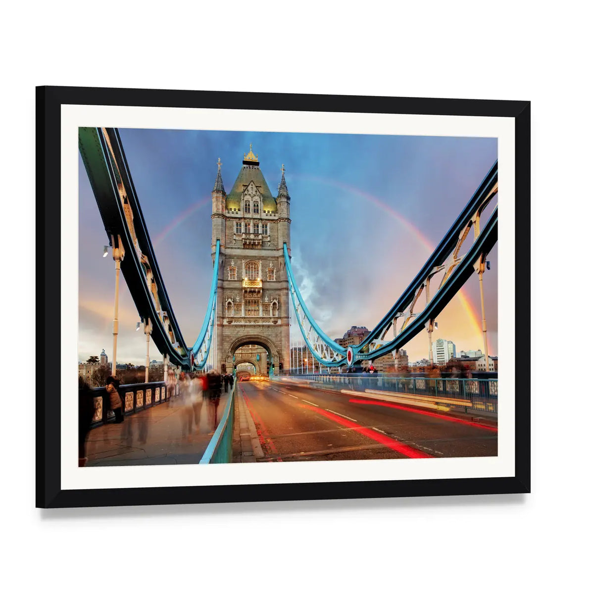 London Tower Bridge at Dusk Canvas Wall Art, framed print with white mat and black frame, angled product view