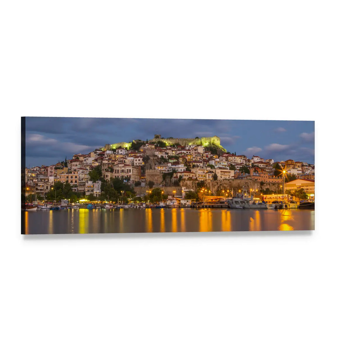 Kavala Harbor at Golden Twilight Panoramic Canvas Wall Art, single panel gallery wrapped canvas, angled product view