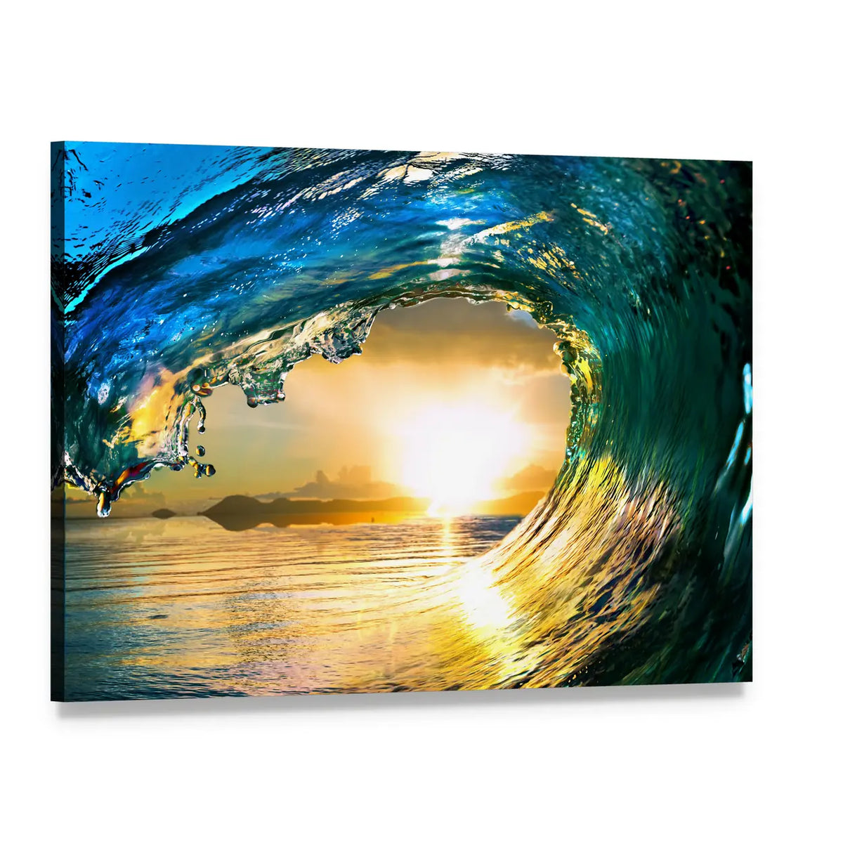 Green Ocean Wave at Sunset Canvas Wall Art, single panel gallery wrapped canvas, angled product view