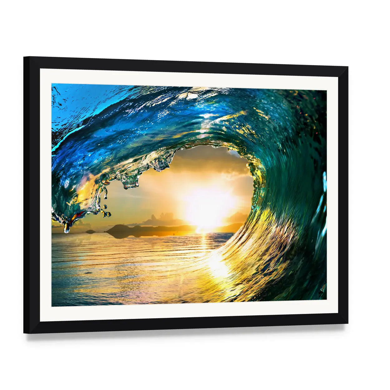 Green Ocean Wave at Sunset Canvas Wall Art, framed print with white mat and black frame, angled product view