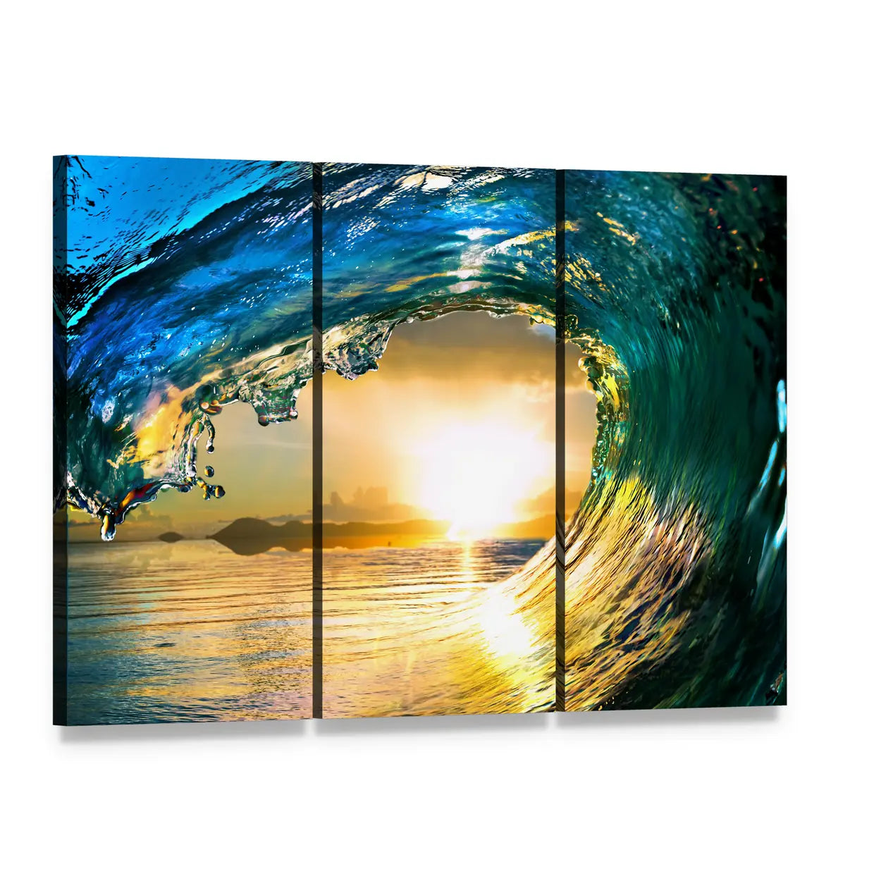 Green Ocean Wave at Sunset Canvas Wall Art, 3 panel 3 Horizontal layout gallery wrapped canvas set, angled product view