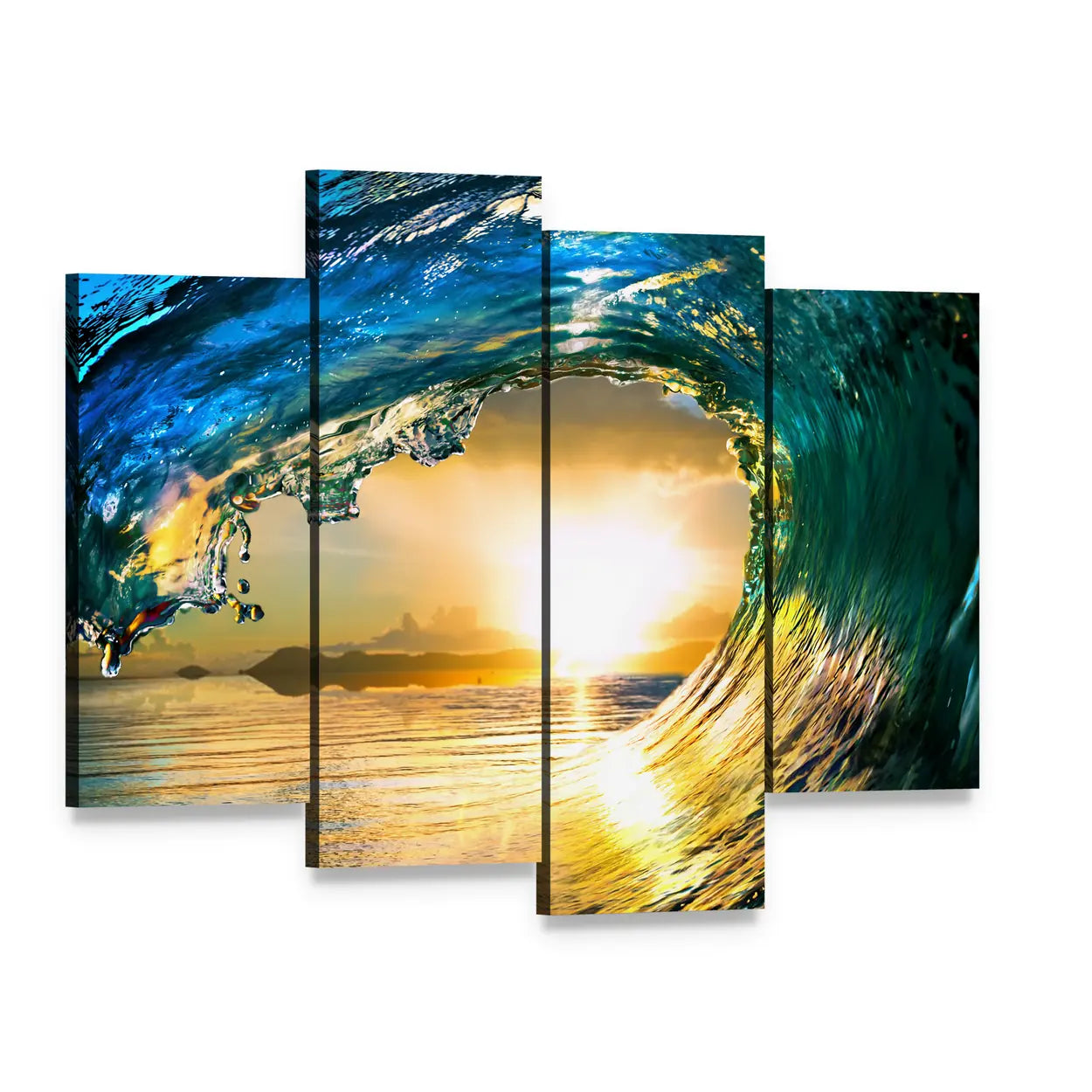 Green Ocean Wave at Sunset Canvas Wall Art, 4 panel 4 Pop layout gallery wrapped canvas set, angled product view