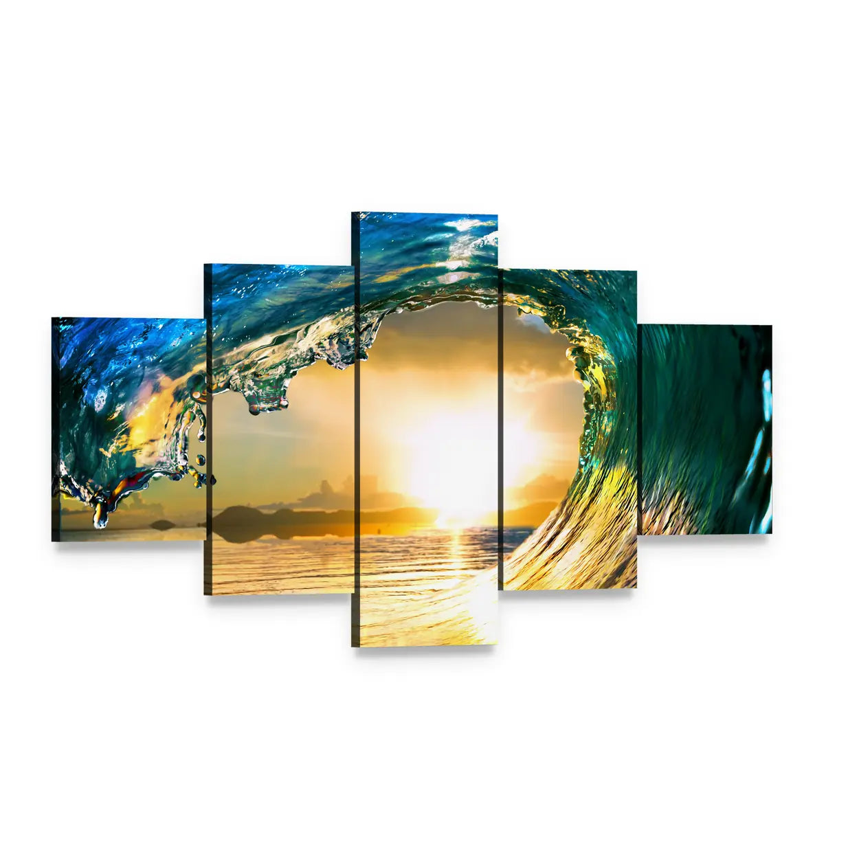 Green Ocean Wave at Sunset Canvas Wall Art, 5 panel 5 Star layout gallery wrapped canvas set, angled product view