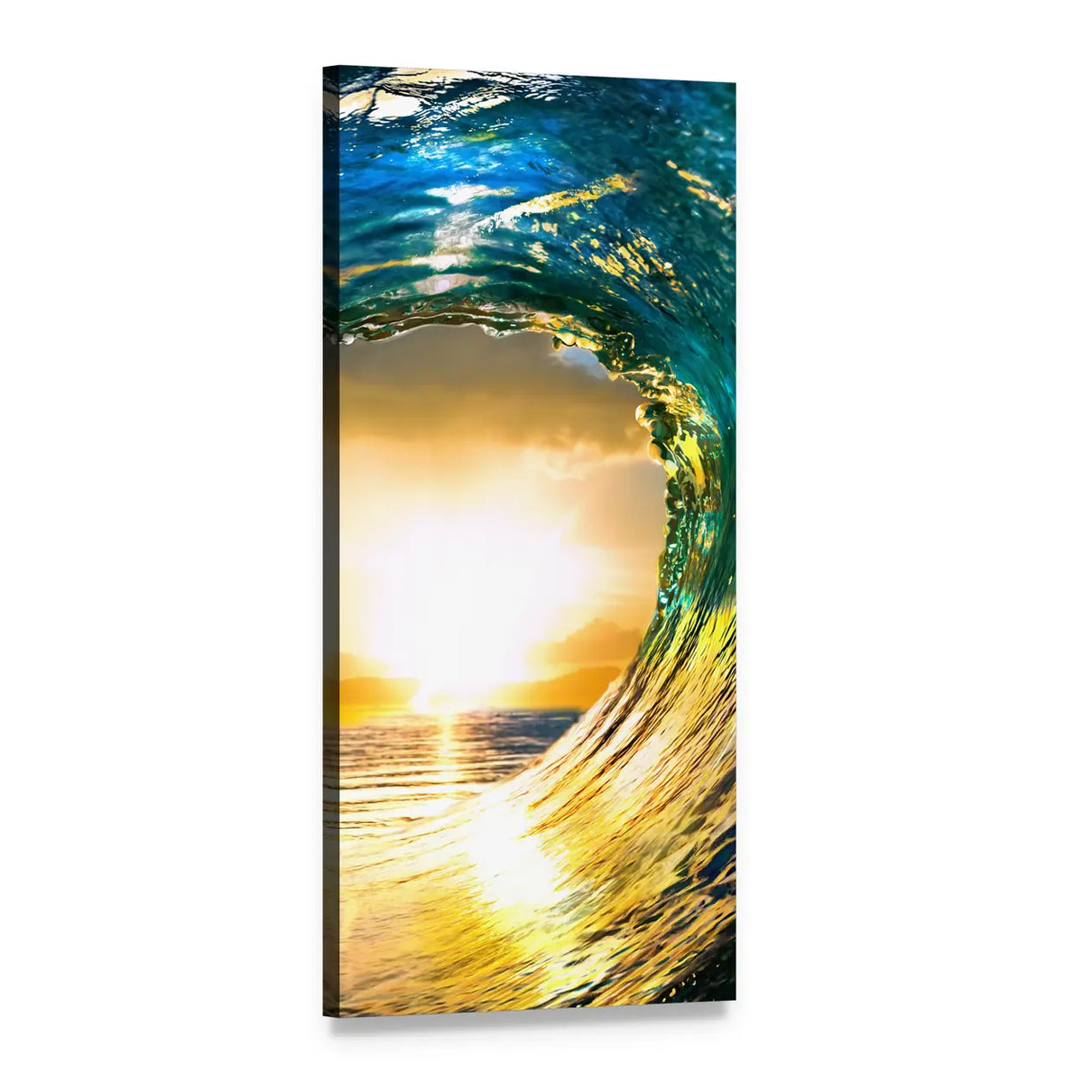Green Ocean Wave at Sunset Vertical Canvas Wall Art, 1 panel 1 Vertical layout gallery wrapped canvas set, angled product view