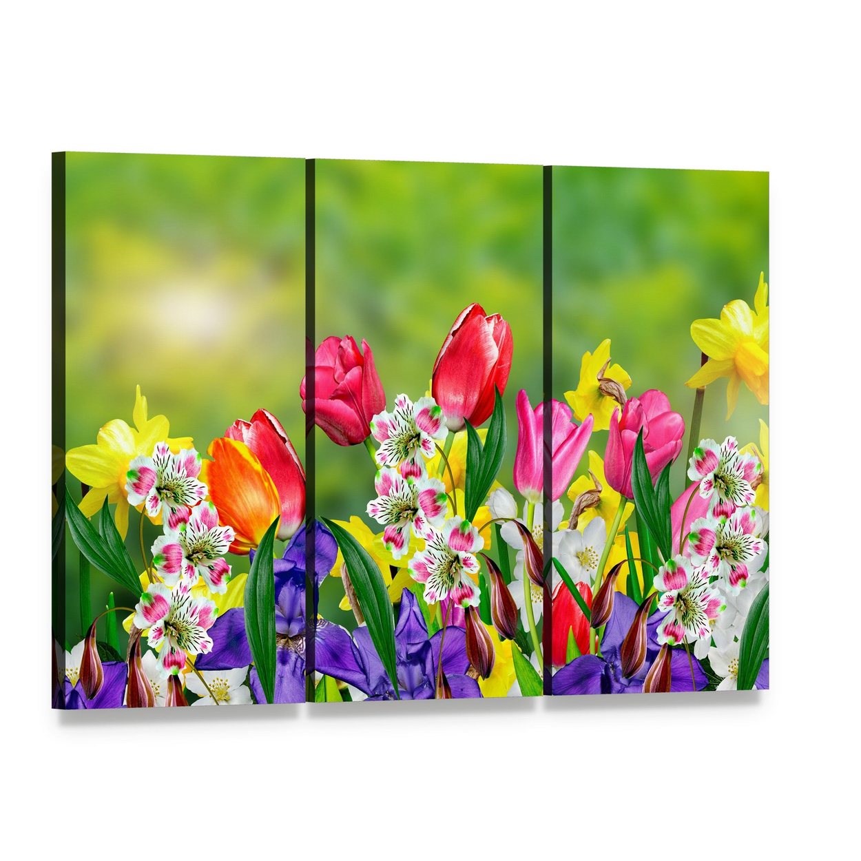 Spring Flowers Daffodils and Tulips Canvas Wall Art, 3 panel 3 Horizontal layout gallery wrapped canvas set, angled product view