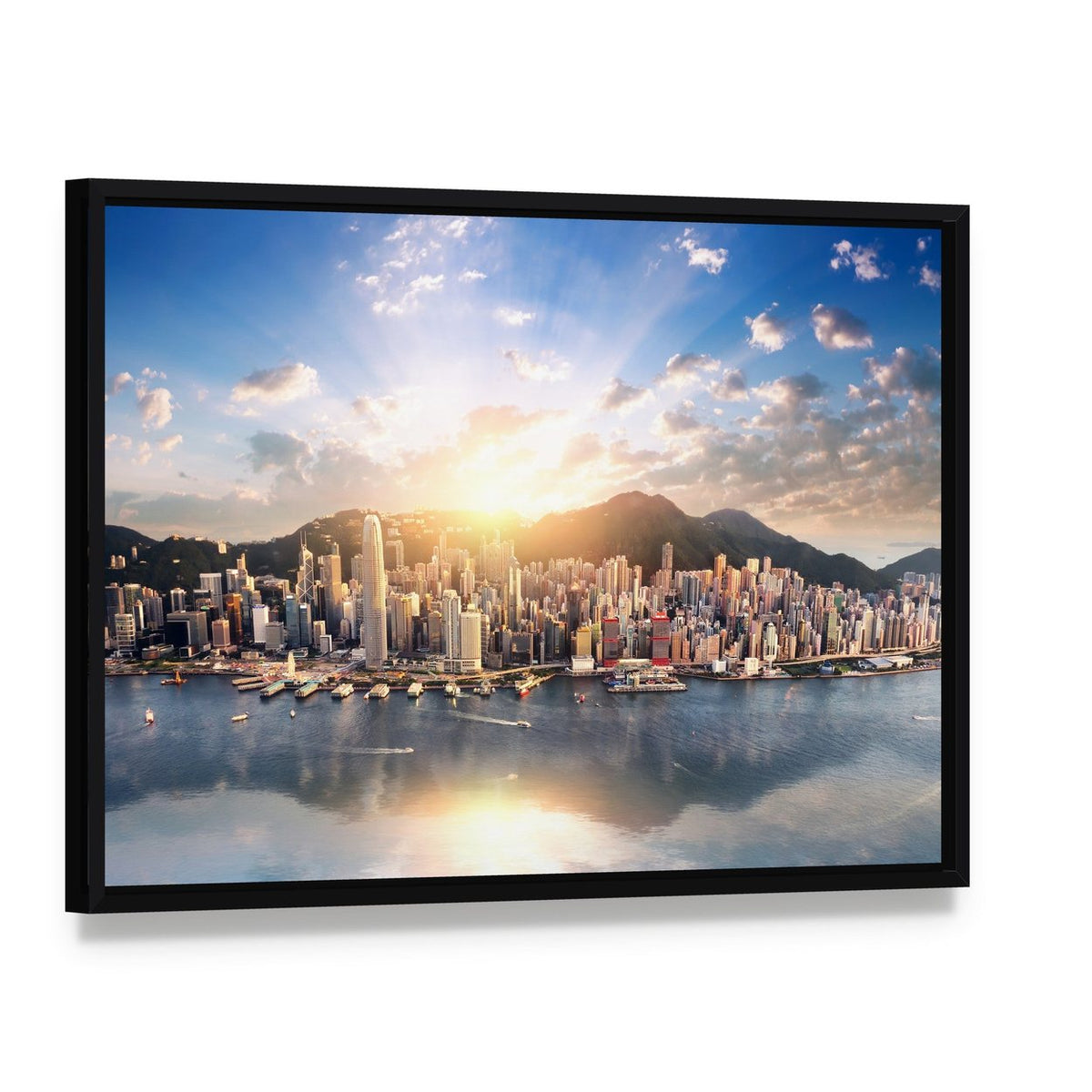 Hong Kong Skyline at Sunset Canvas Wall Art, framed canvas in a black floater frame, angled product view
