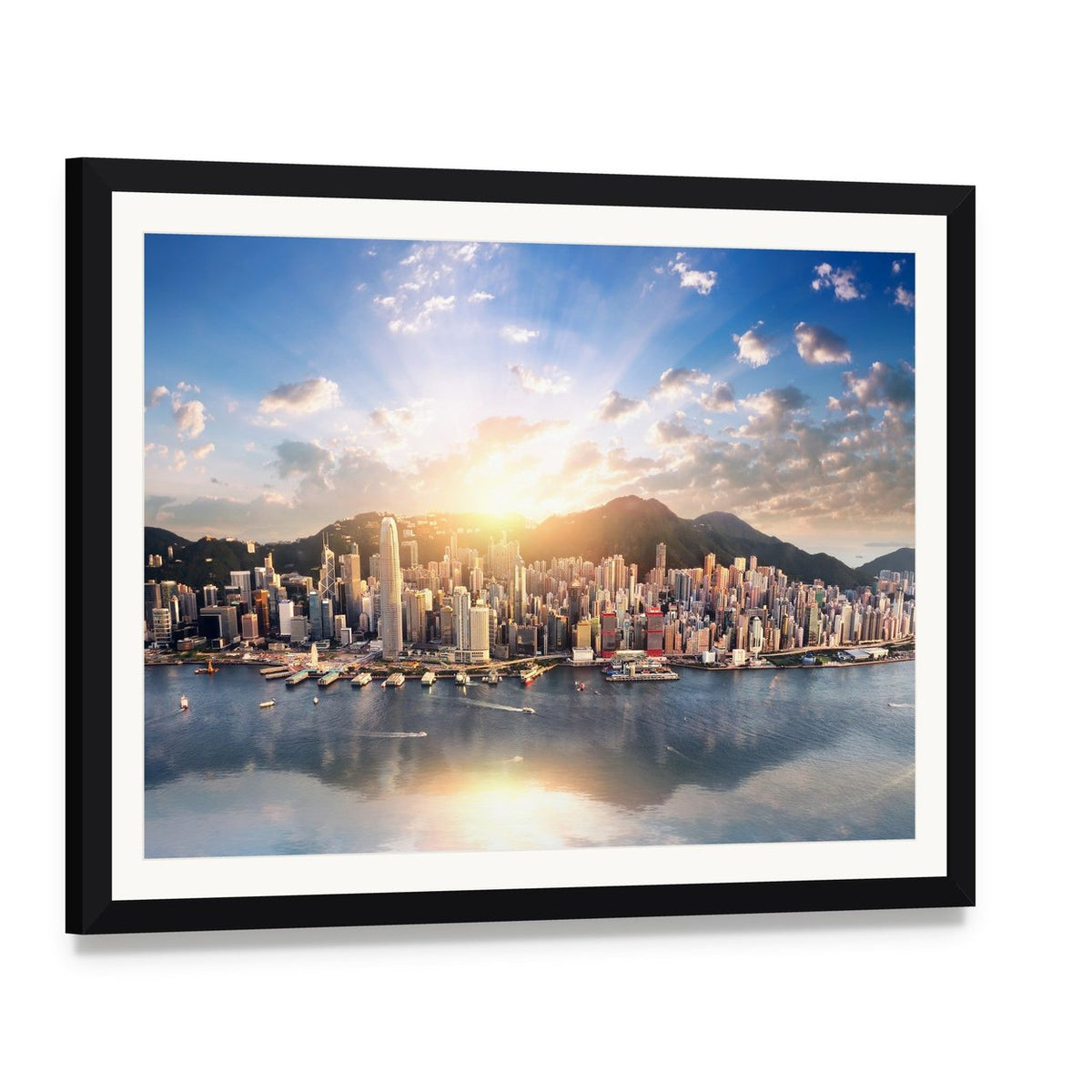 Hong Kong Skyline at Sunset Canvas Wall Art, framed print with white mat and black frame, angled product view