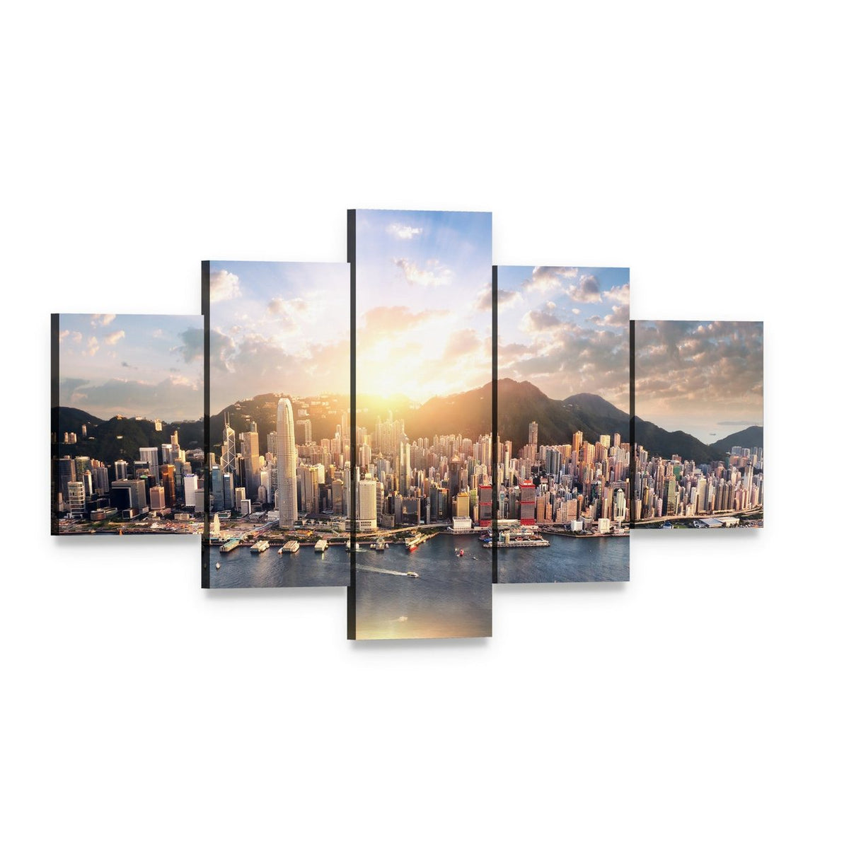 Hong Kong Skyline at Sunset Canvas Wall Art, 5 panel 5 Star layout gallery wrapped canvas set, angled product view