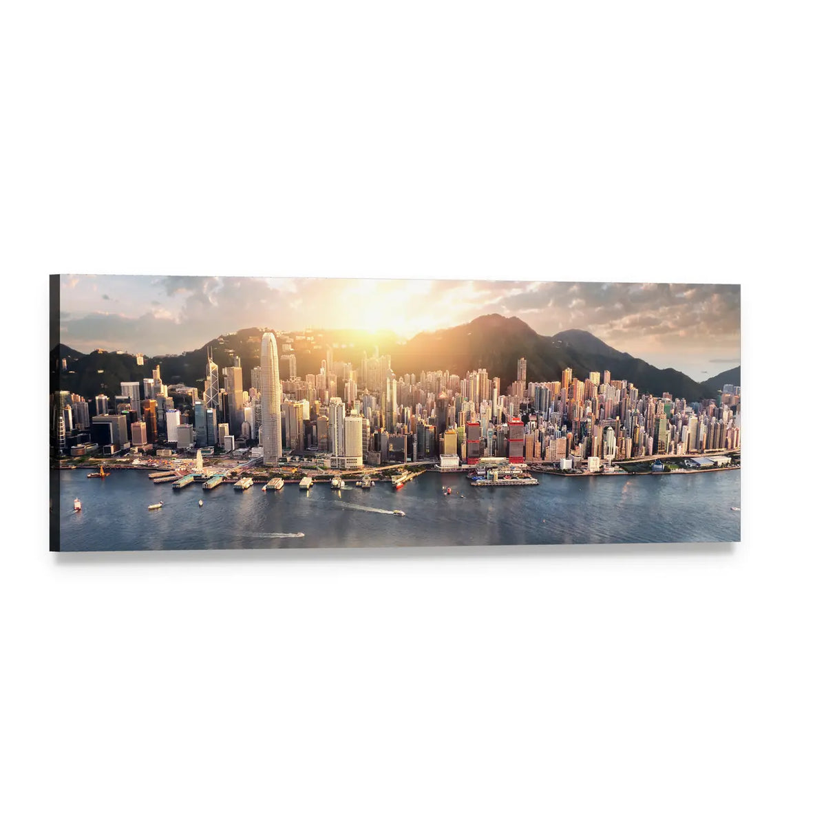 Hong Kong Skyline at Sunset Panoramic Canvas Wall Art, single panel gallery wrapped canvas, angled product view
