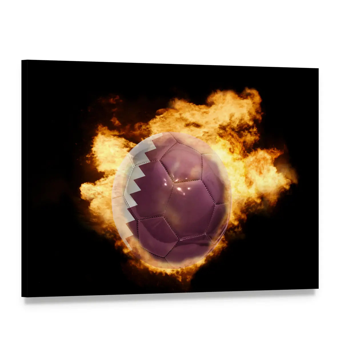 Qatar Flag Soccer Ball Canvas Wall Art, single panel gallery wrapped canvas, angled product view