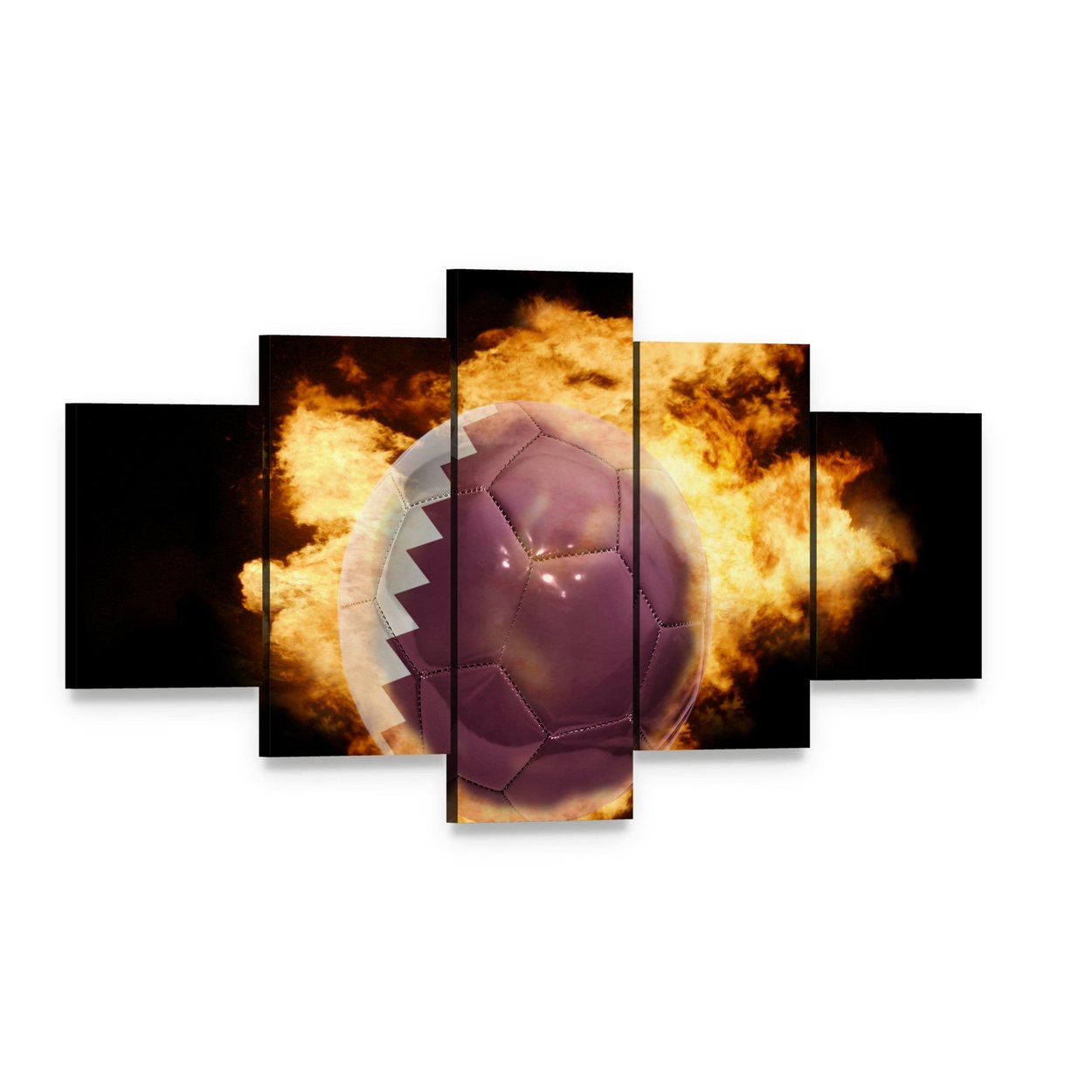 Qatar Flag Soccer Ball in Flames Canvas Wall Art, 5 panel 5 Star layout gallery wrapped canvas set, angled product view